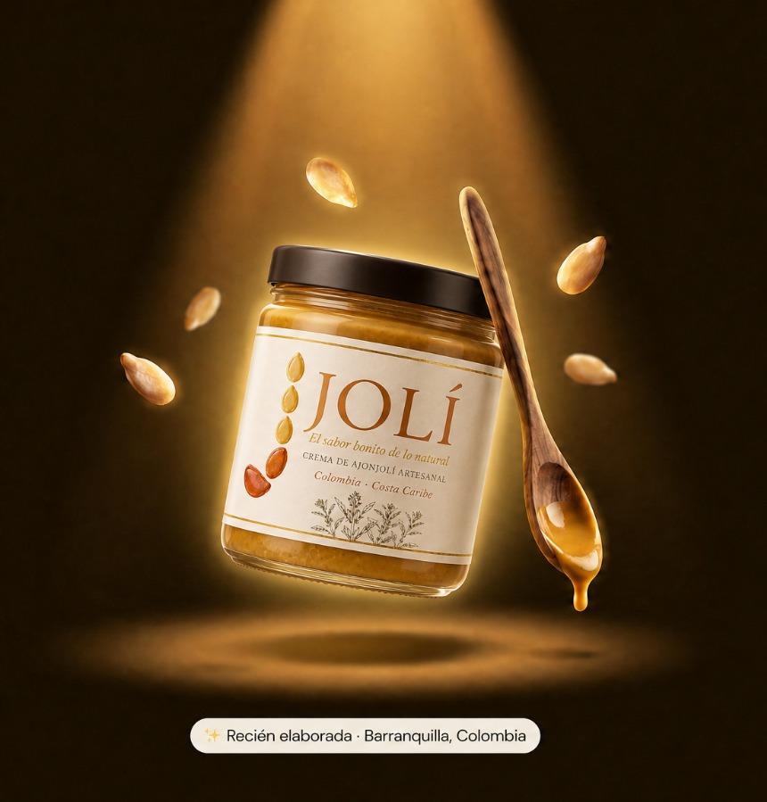 Frasco JOLÍ con cuchara de madera y semillas de ajonjolí cayendo